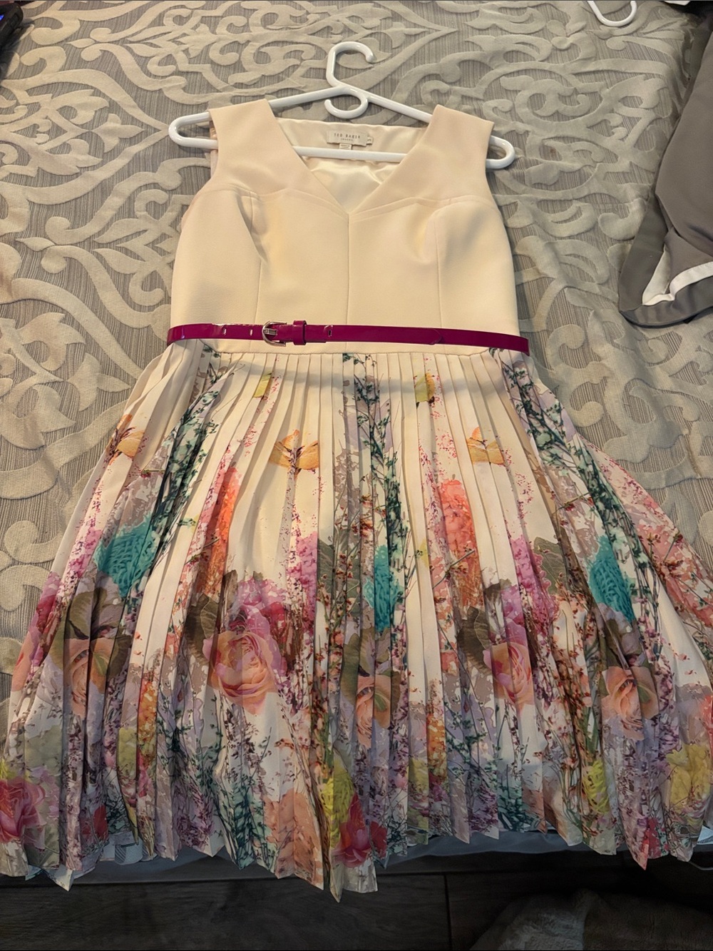 Ted Baker Cream Floral Pleated Dress with Purple Belt